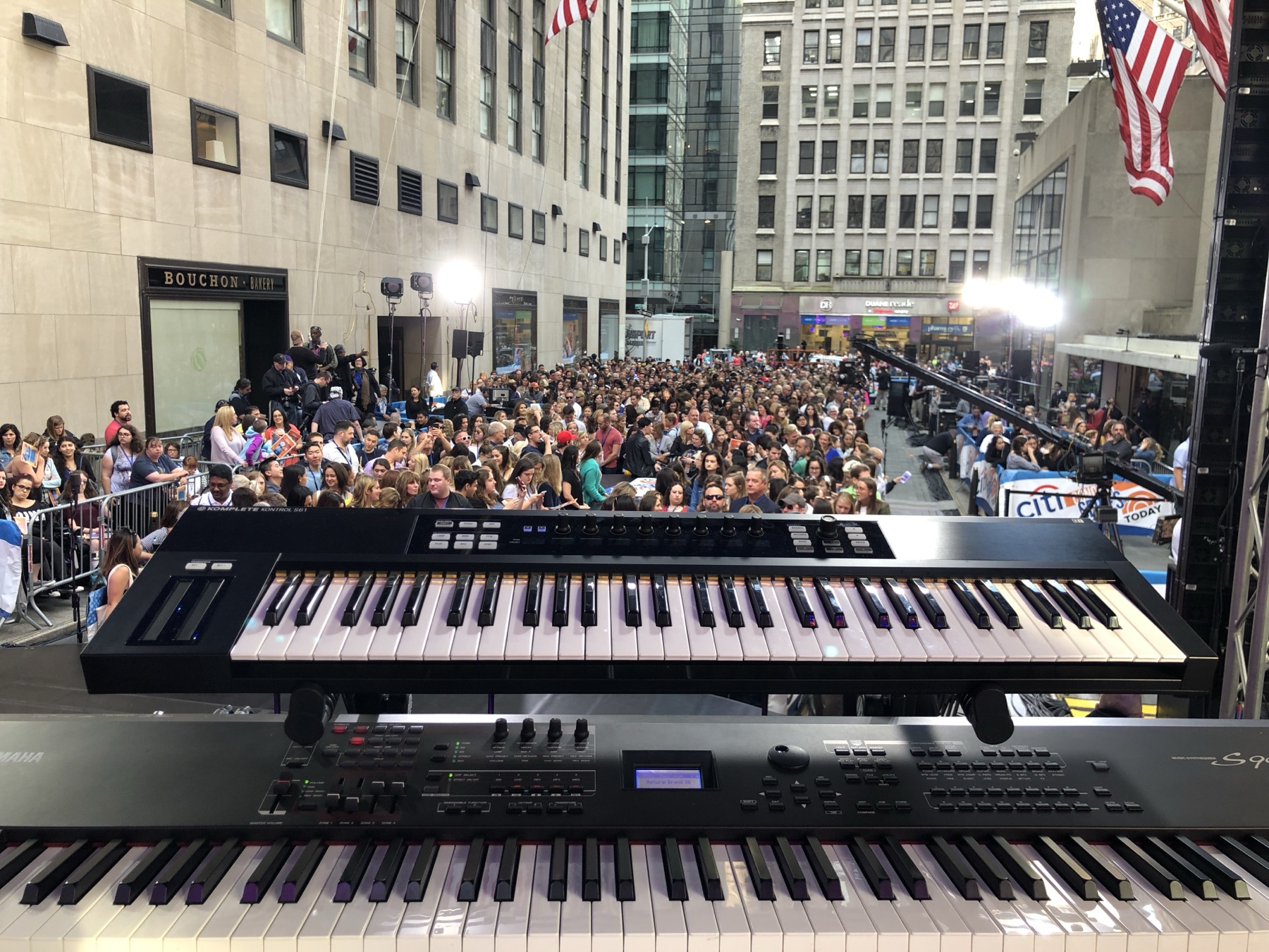Keyboards set up for a morning show in New York